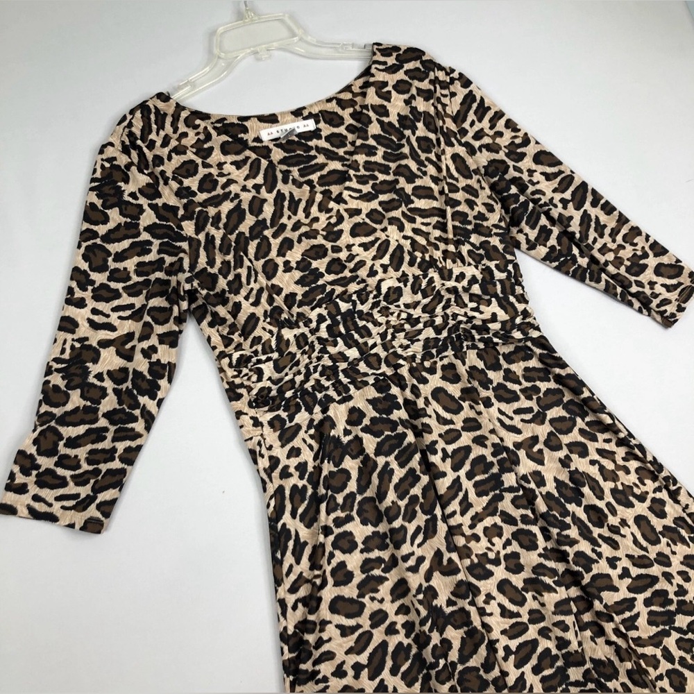 AA Studio Leopard Print Jersey Fall Wrap Dress Stretch Ruched A line Skirt Sz 14